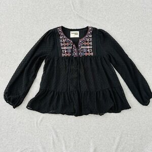 Savanna Jane Top Small Black Embroidered Boho Peasant‎ Cottage Flowy Babydoll